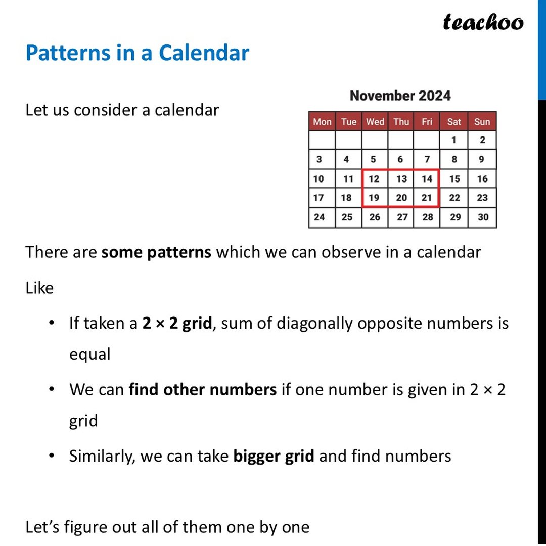 Patterns in a calendar - Worksheet [with Practice Questions] - Teachoo