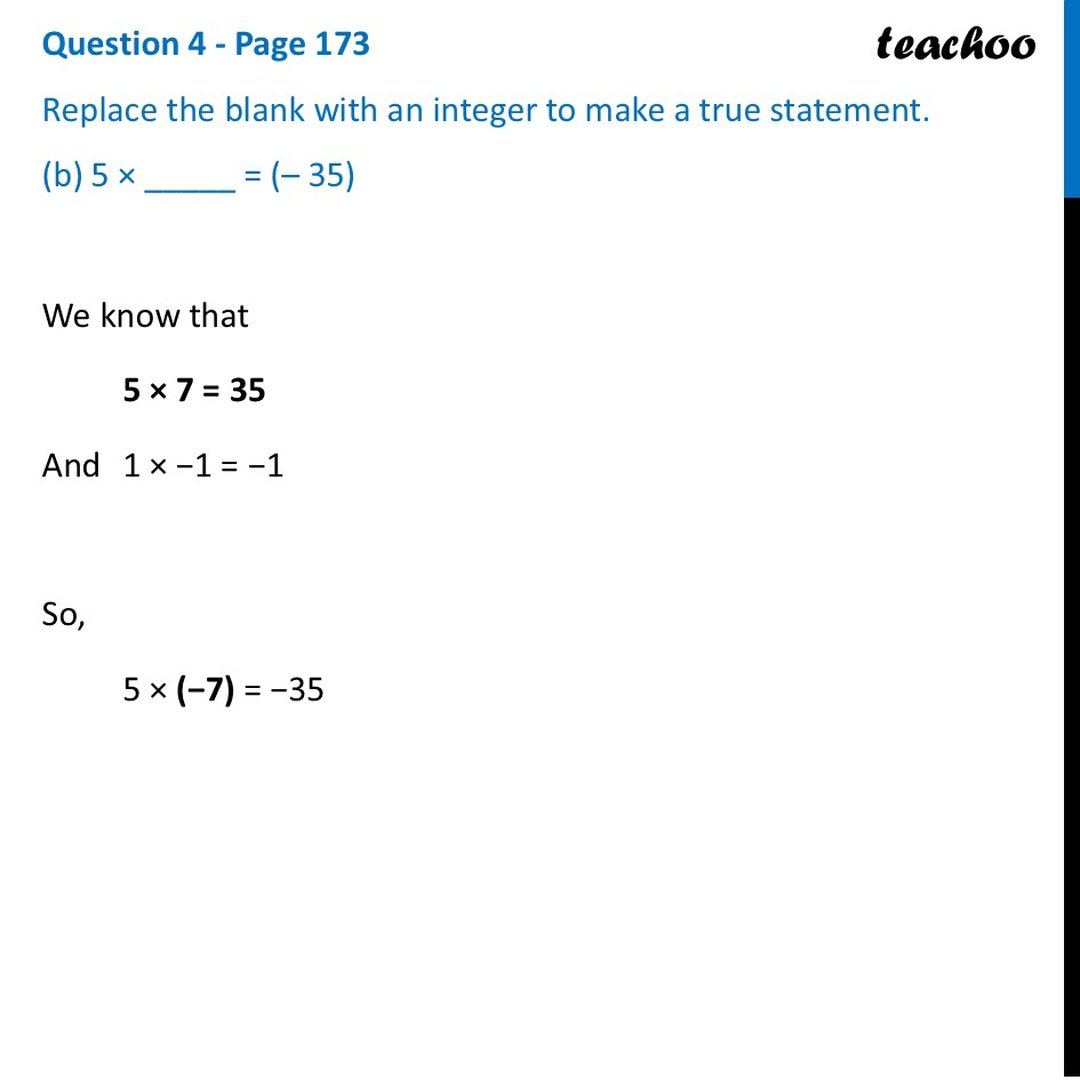 Replace the blank with an integer to make a true statement (– 3)×_= 27