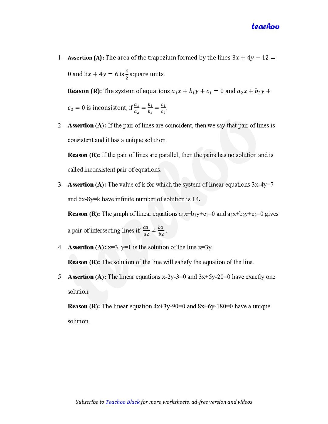 Assertion Reasoning Questions – Download PDF - L.E. in 2 Vars Class 10