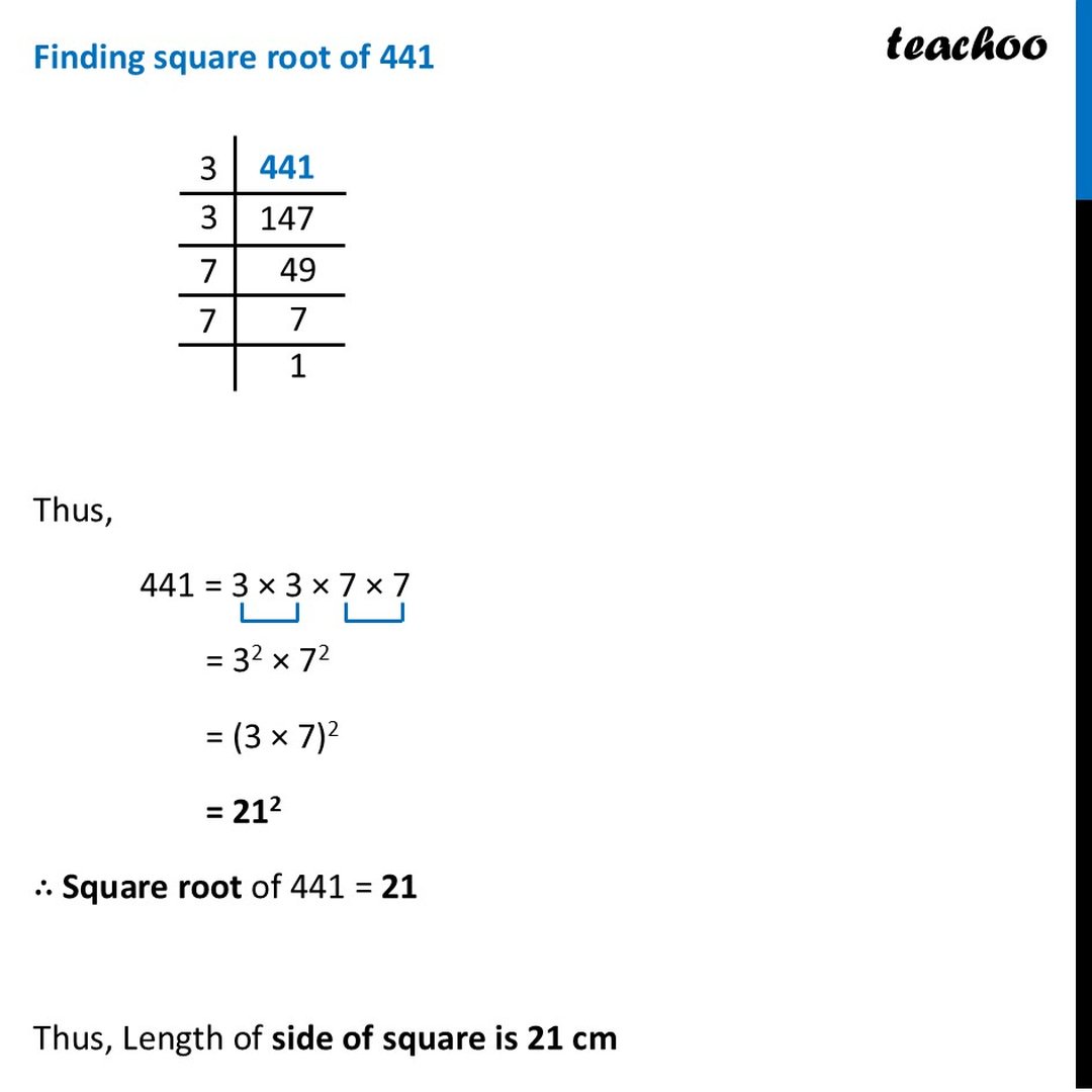 find-the-length-of-the-side-of-a-square-whose-area-is-441-m2-class-8