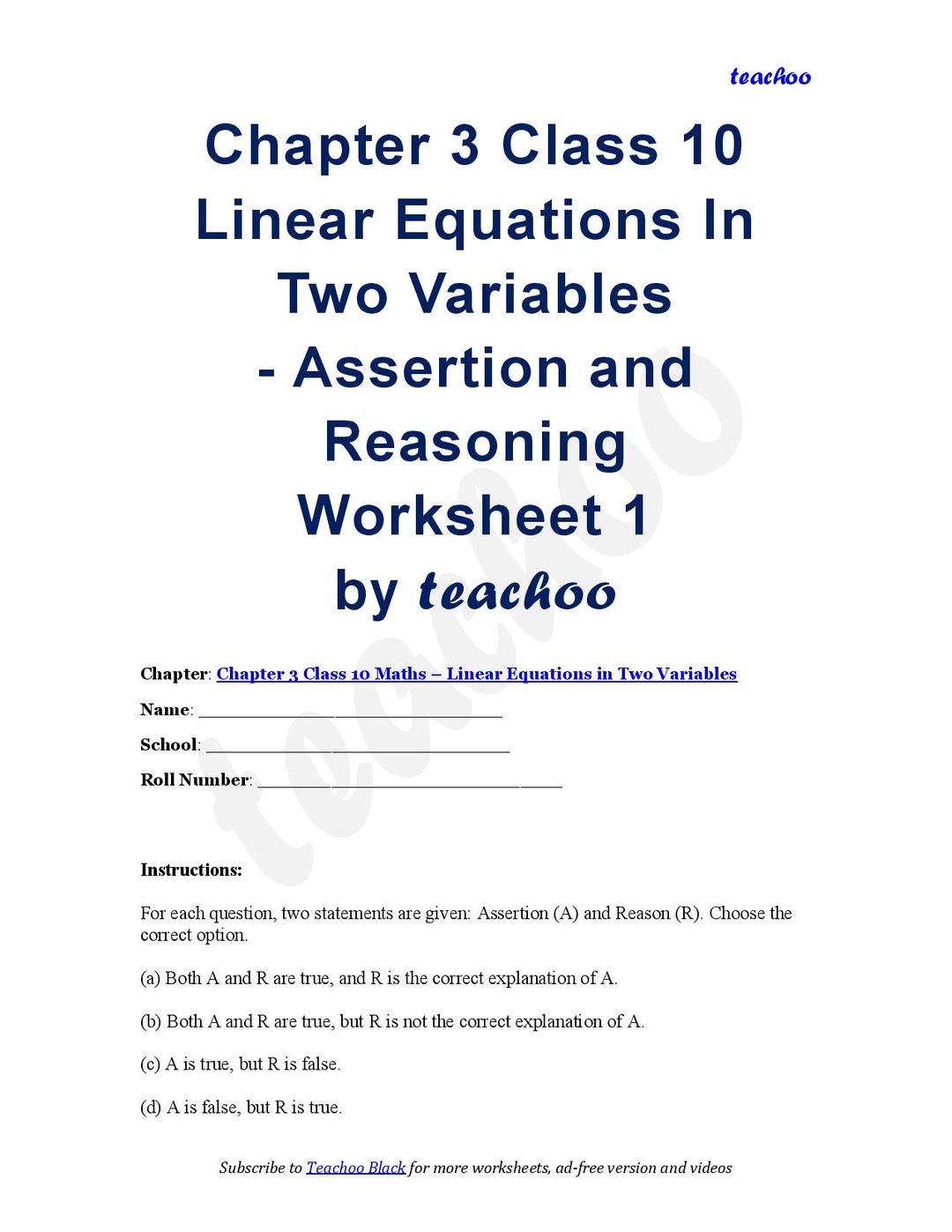 Linear Reasoning Examples Assertion Reasoning Questions – Download PDF - L.E. in 2 Vars Class 10