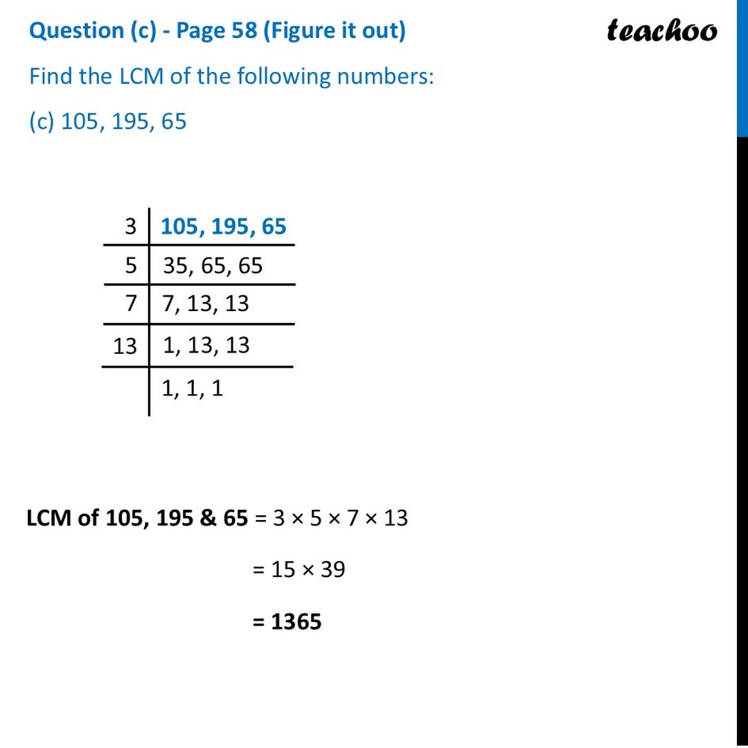 Find the LCM of the following numbers: 105, 195, 65 [Ganita Prakash]