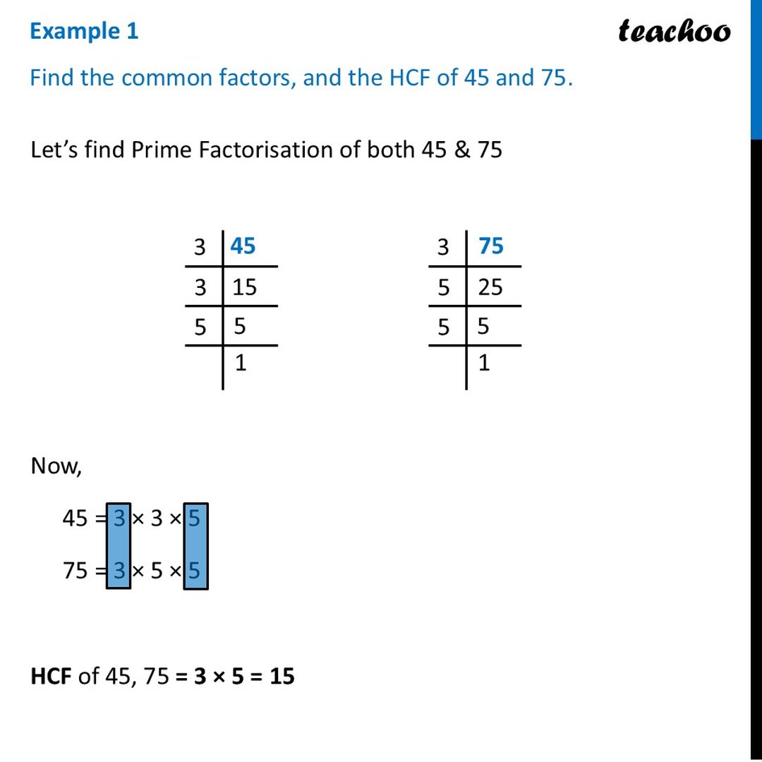 [Class 7 Maths] Find the common factors, and the HCF of 45 and 75.
