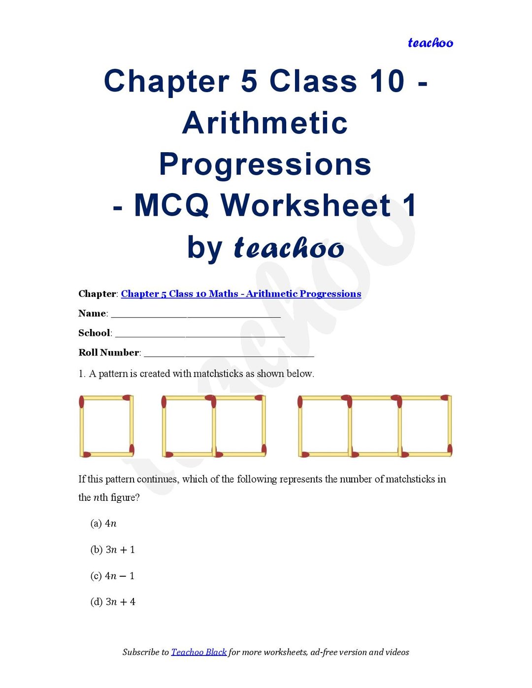 Arithmetic Progressions MCQs – Download PDF - Worksheet Class 10