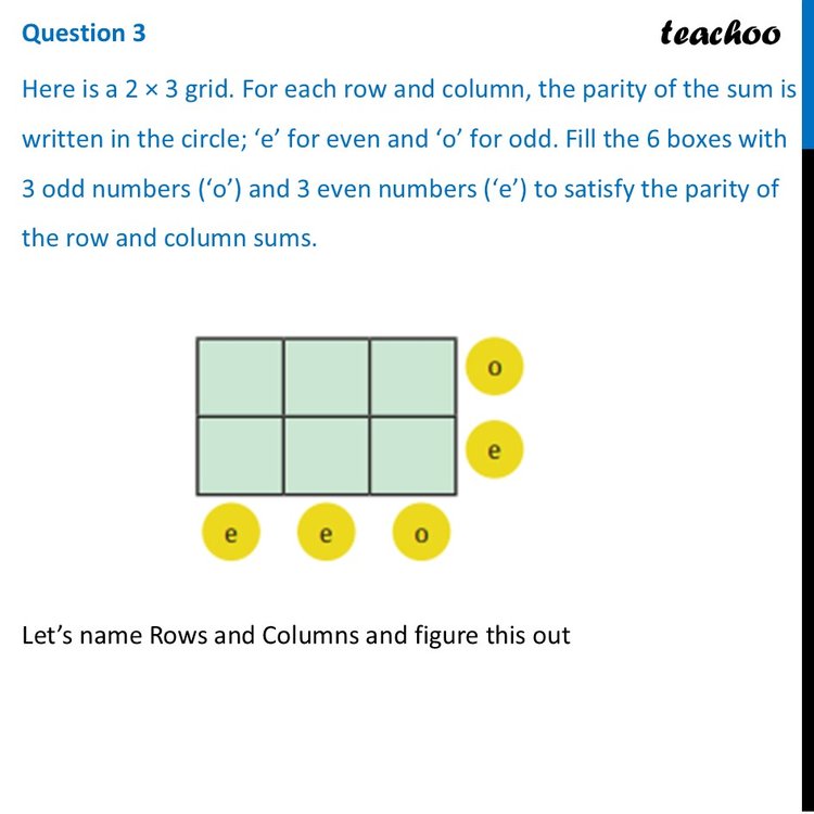 [Class 7] Here is a 2 × 3 grid. For each row and column, the parity