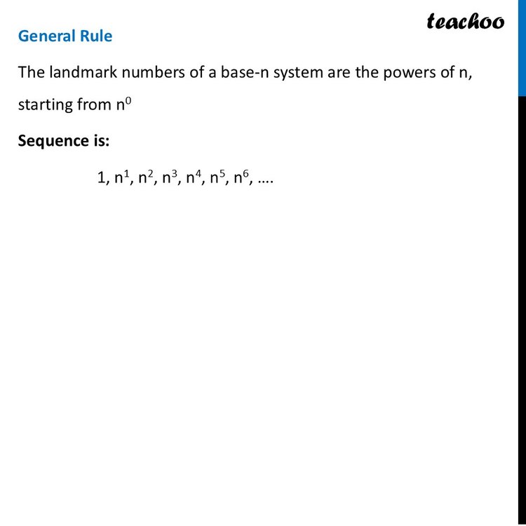 Compute the landmark numbers of a base-7 system. In general, what are