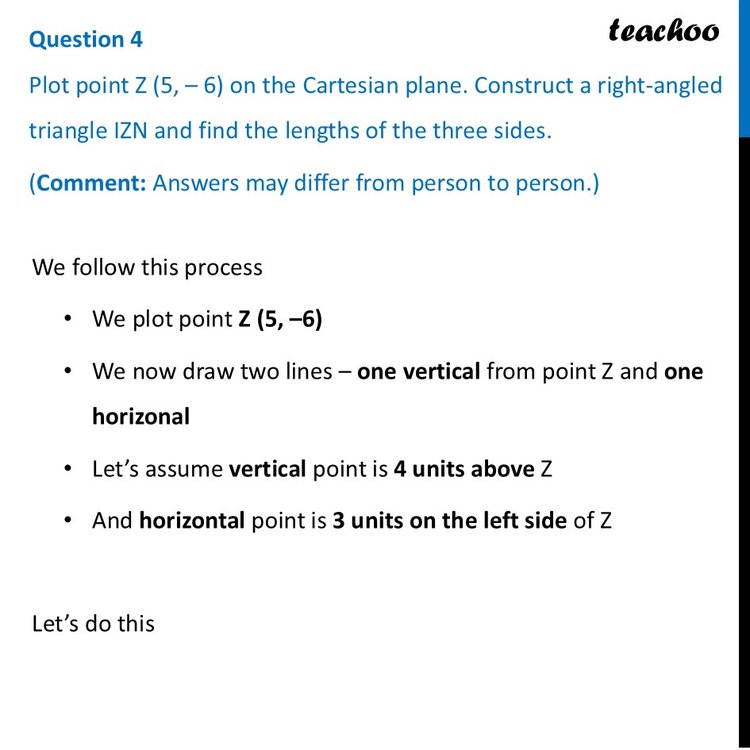 Plot point Z (5, – 6) on the Cartesian plane. Construct a right-angled