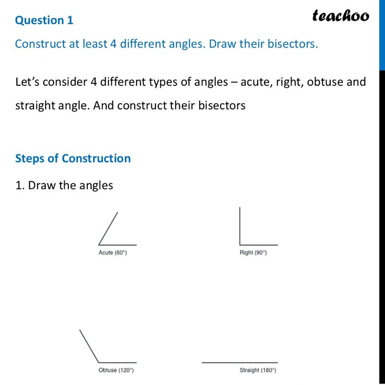 [Class 7] Construct at least 4 different angles. Draw their bisectors.