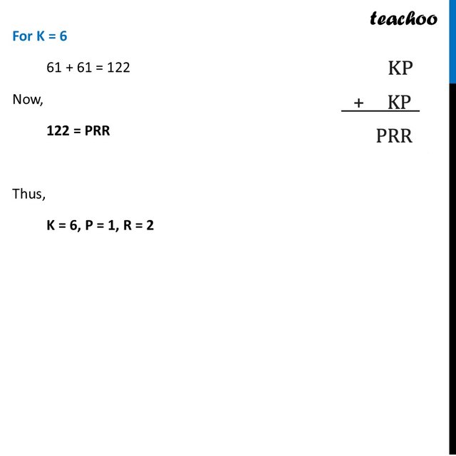 [Ganita Prakash Class 7] Solve this alphametic: KP + KP = PRR