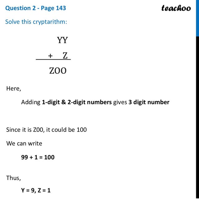[Ganita Prakash] Solve this cryptarithm: YY + Z = Z00 - Digits in Disg