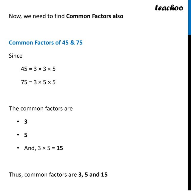 [Class 7 Maths] Find the common factors, and the HCF of 45 and 75.