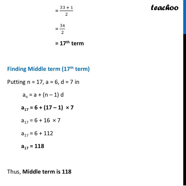 [Sample Paper Class 10] Find the middle term of A.P 6,13, 20, ……., 230