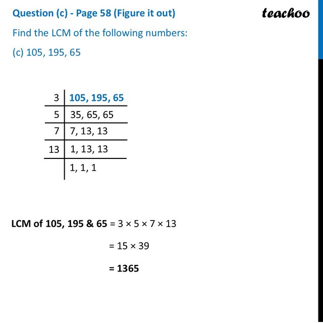 Find the LCM of the following numbers: 105, 195, 65 [Ganita Prakash]