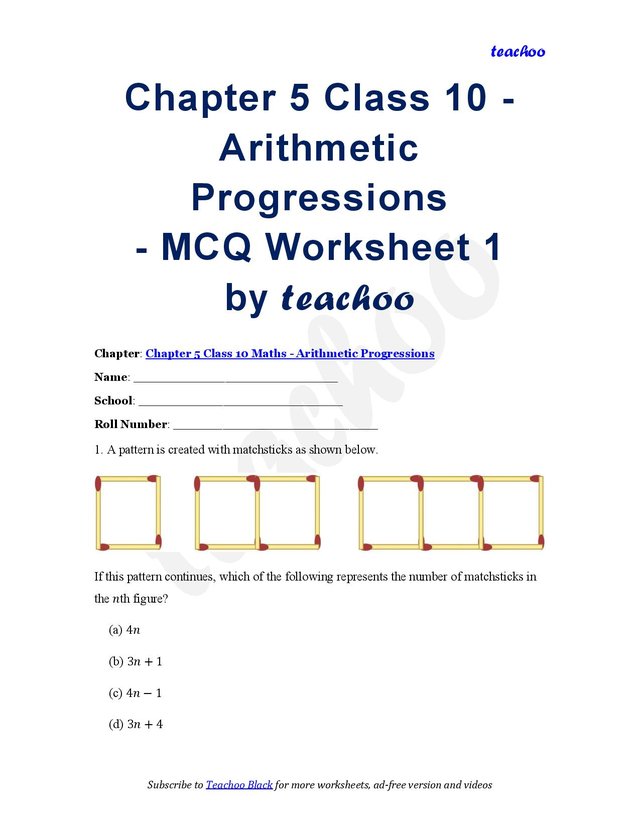 Arithmetic Progressions MCQs – Download PDF - Worksheet Class 10