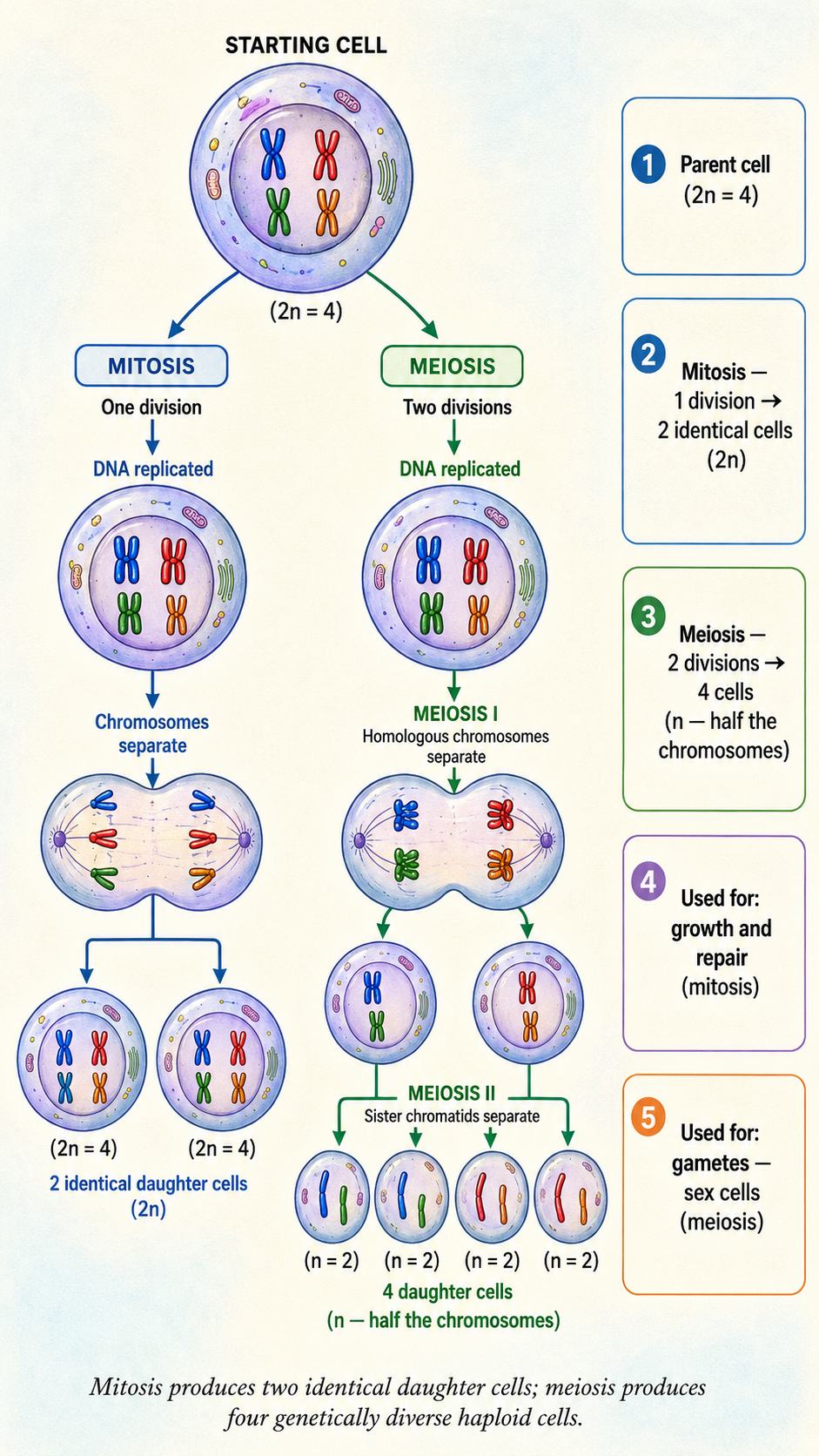 Image: A parent cell dividing to form new cells, with arrows branching into mitosis on one side and meiosis on the other, the two major types of cell division.