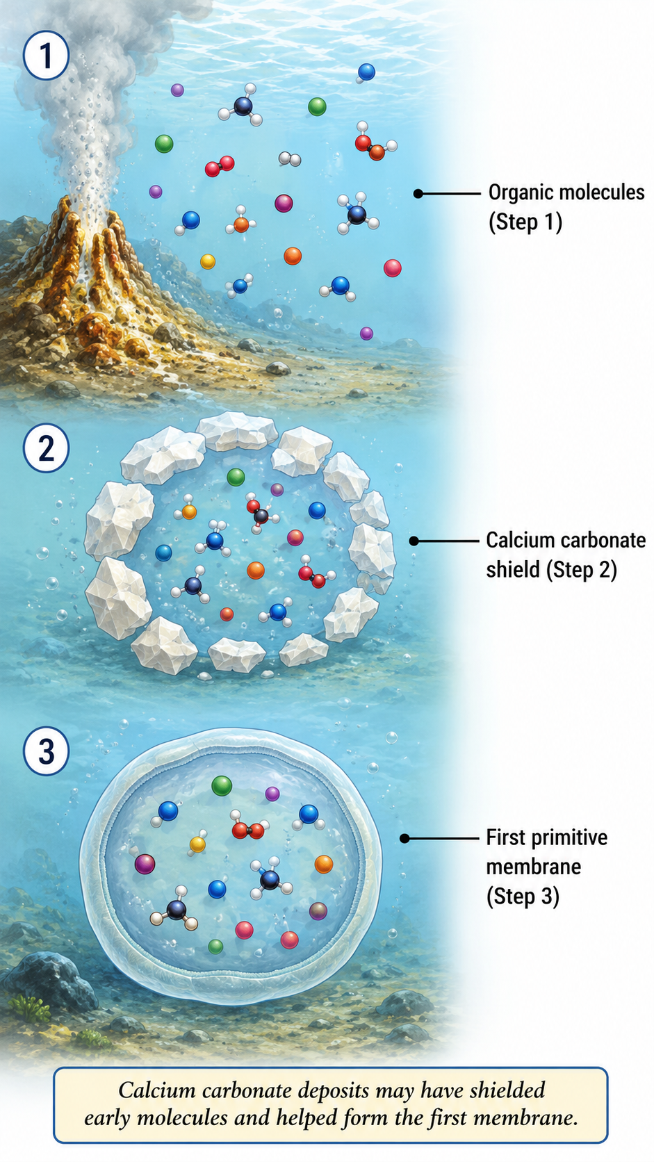 Image: A simple diagram showing early organic molecules surrounded by a forming protective layer of calcium carbonate, illustrating how the first cell membrane barrier may have developed around a hot spring.