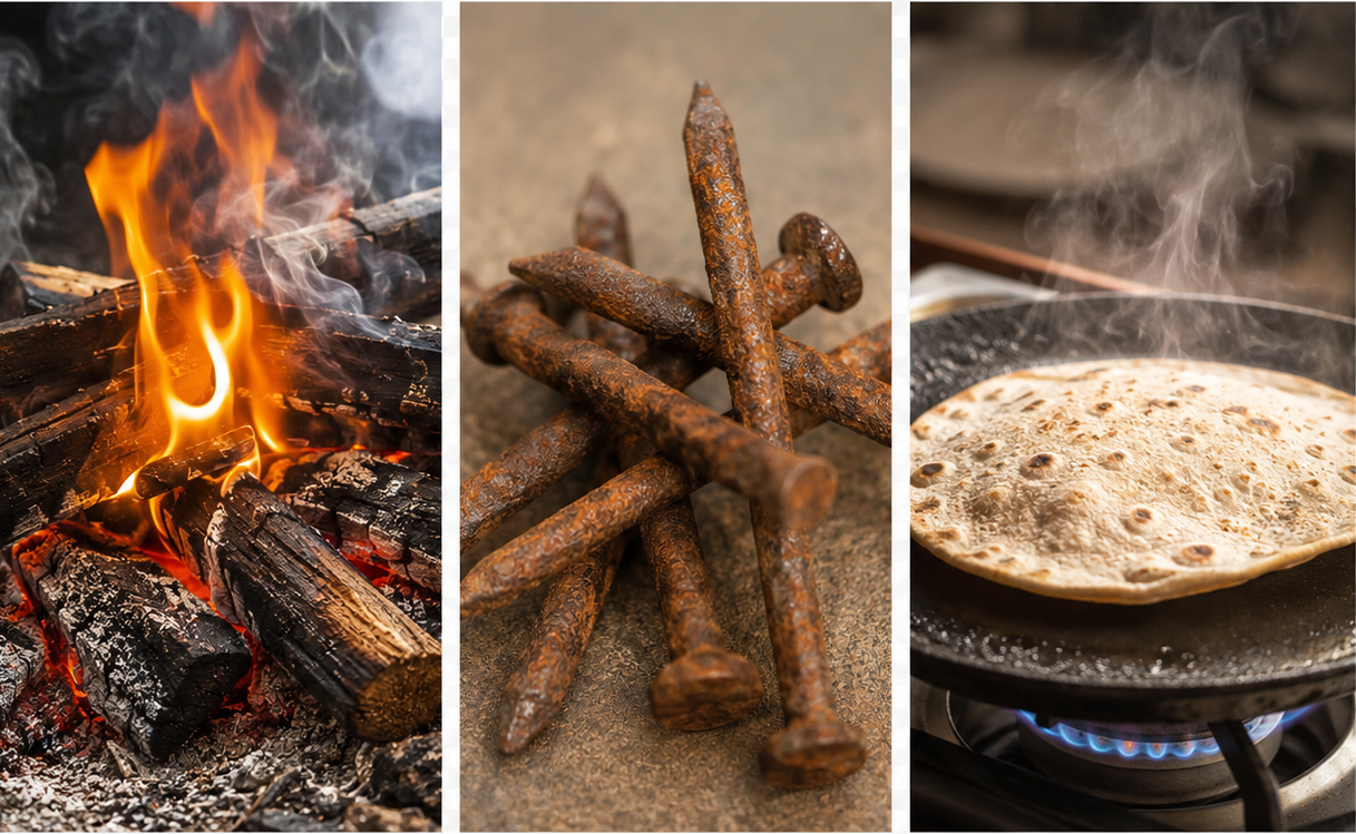 Image: Examples of chemical changes — burning wood, rusting iron, cooking food