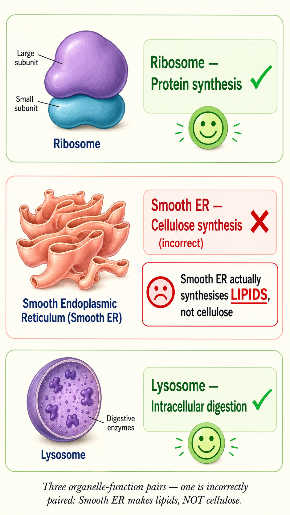Image: Three organelle-function pairs — ribosome with protein synthesis, smooth ER with lipid synthesis, and lysosome with digestion — with the smooth ER pair flagged as incorrect because SER does not make cellulose.