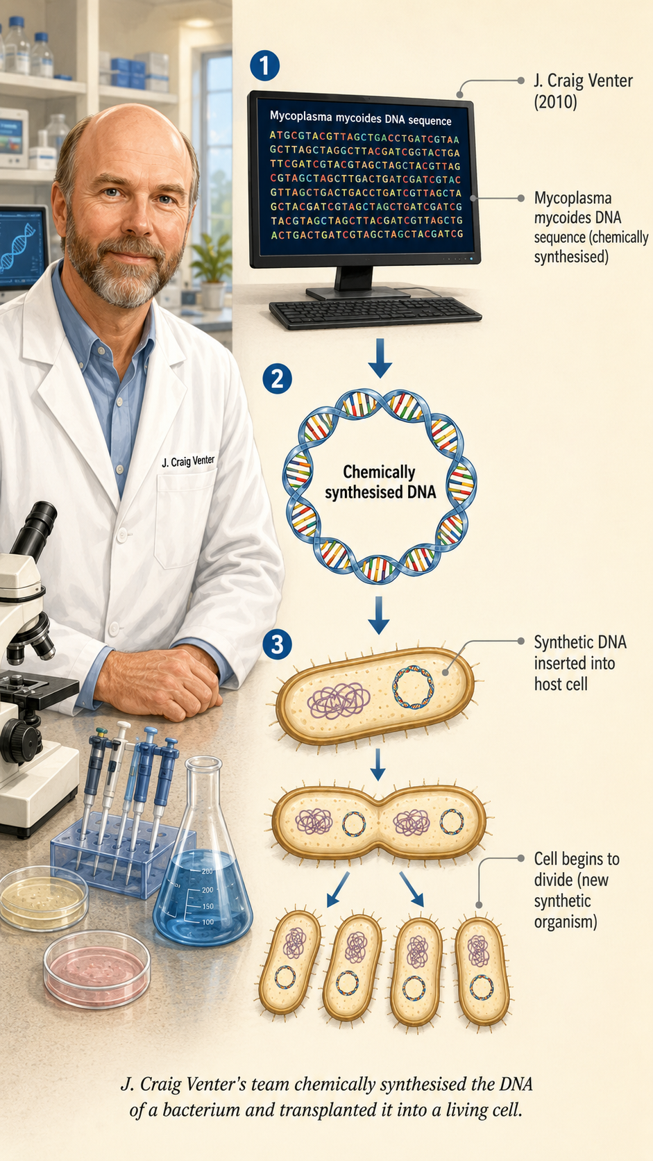 Image: Scientist J. Craig Venter and his team in a lab, chemically synthesising a copy of the DNA of the bacterium Mycoplasma mycoides and inserting it into another cell that then grows and divides.