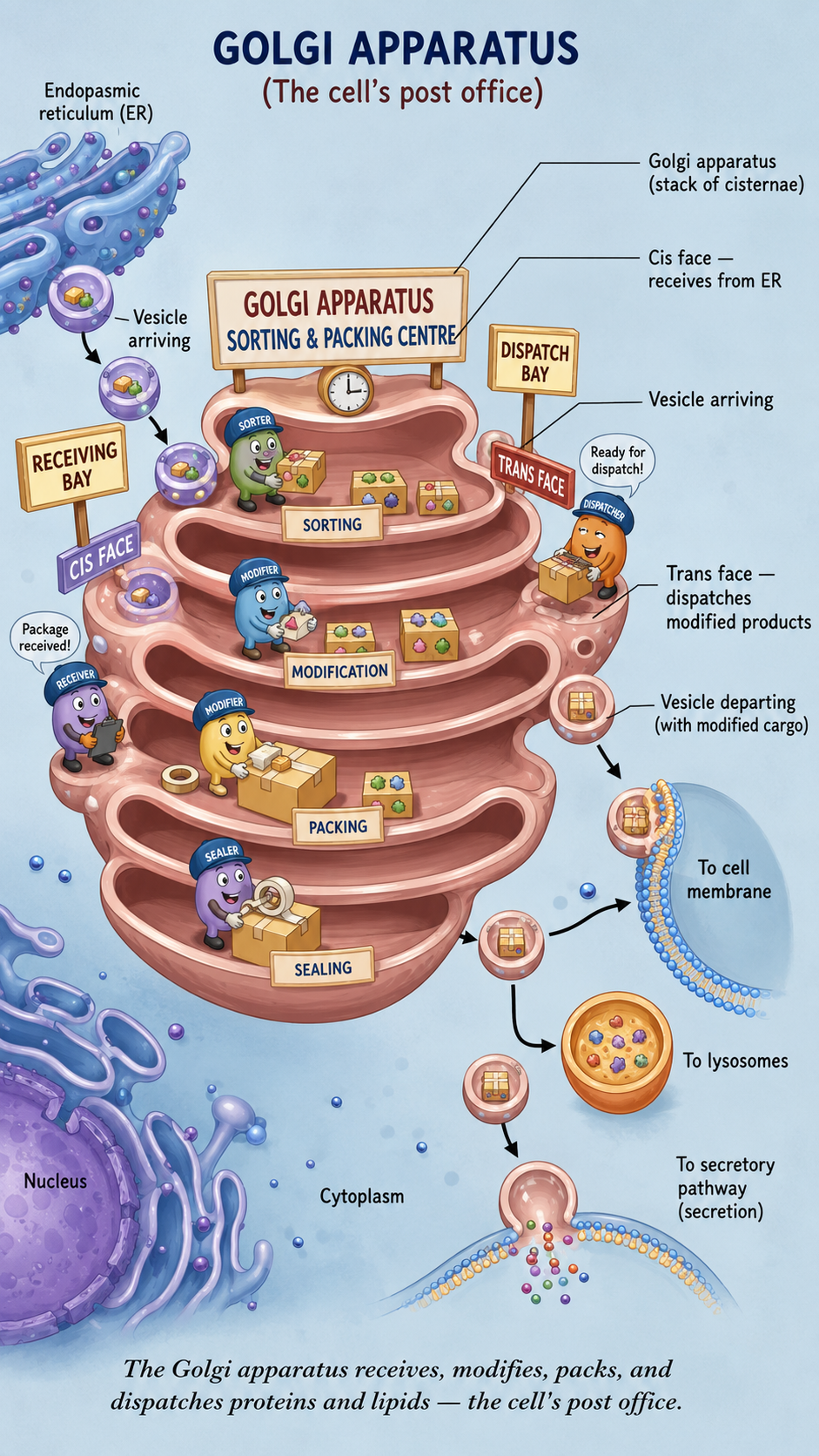 Image: The Golgi apparatus drawn as a stack of flattened sacs acting like a post office, receiving proteins and lipids, modifying and sorting them, and packing them into vesicles for transport.