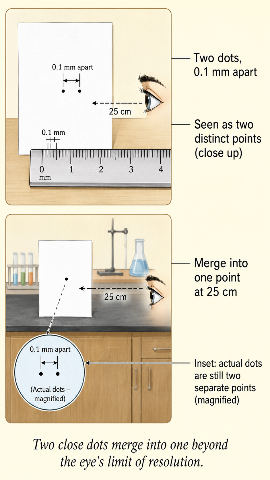 Image: Two tiny dots drawn close together on paper, shown merging into a single dot when viewed from about 25 cm, illustrating the 0.1 mm limit of resolution of the human eye.
