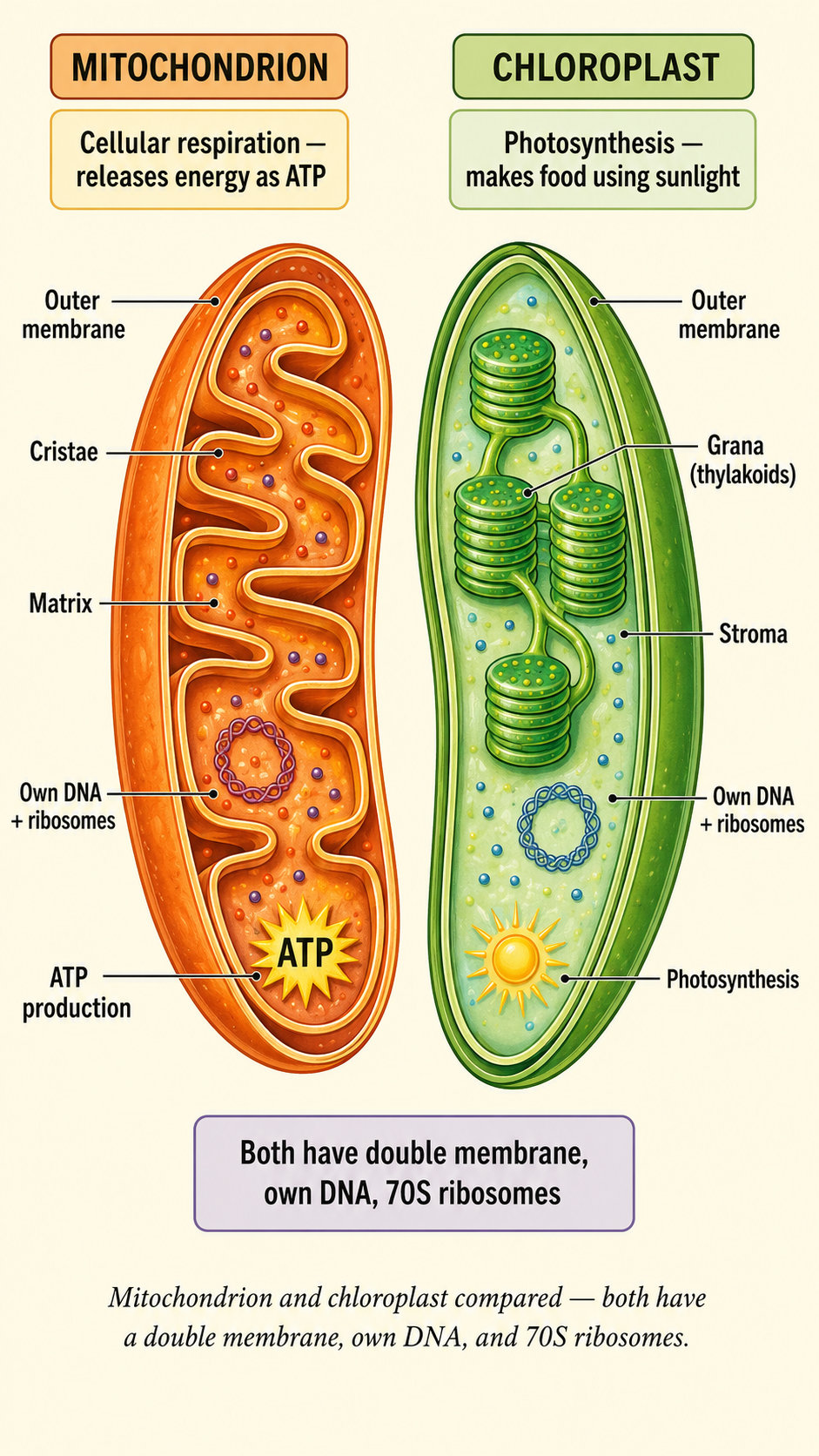 Image: A mitochondrion and a chloroplast shown side by side, both with double membranes, their own DNA and ribosomes, with the mitochondrion releasing energy and the chloroplast making food by photosynthesis.