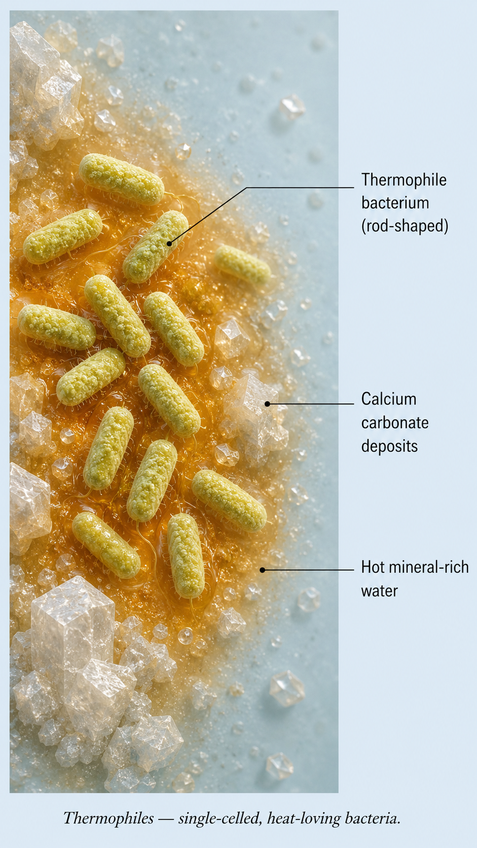 Image: A close-up illustration of rod-shaped thermophile bacteria, single-celled organisms, living in hot mineral-rich water with calcium carbonate deposits forming around them.