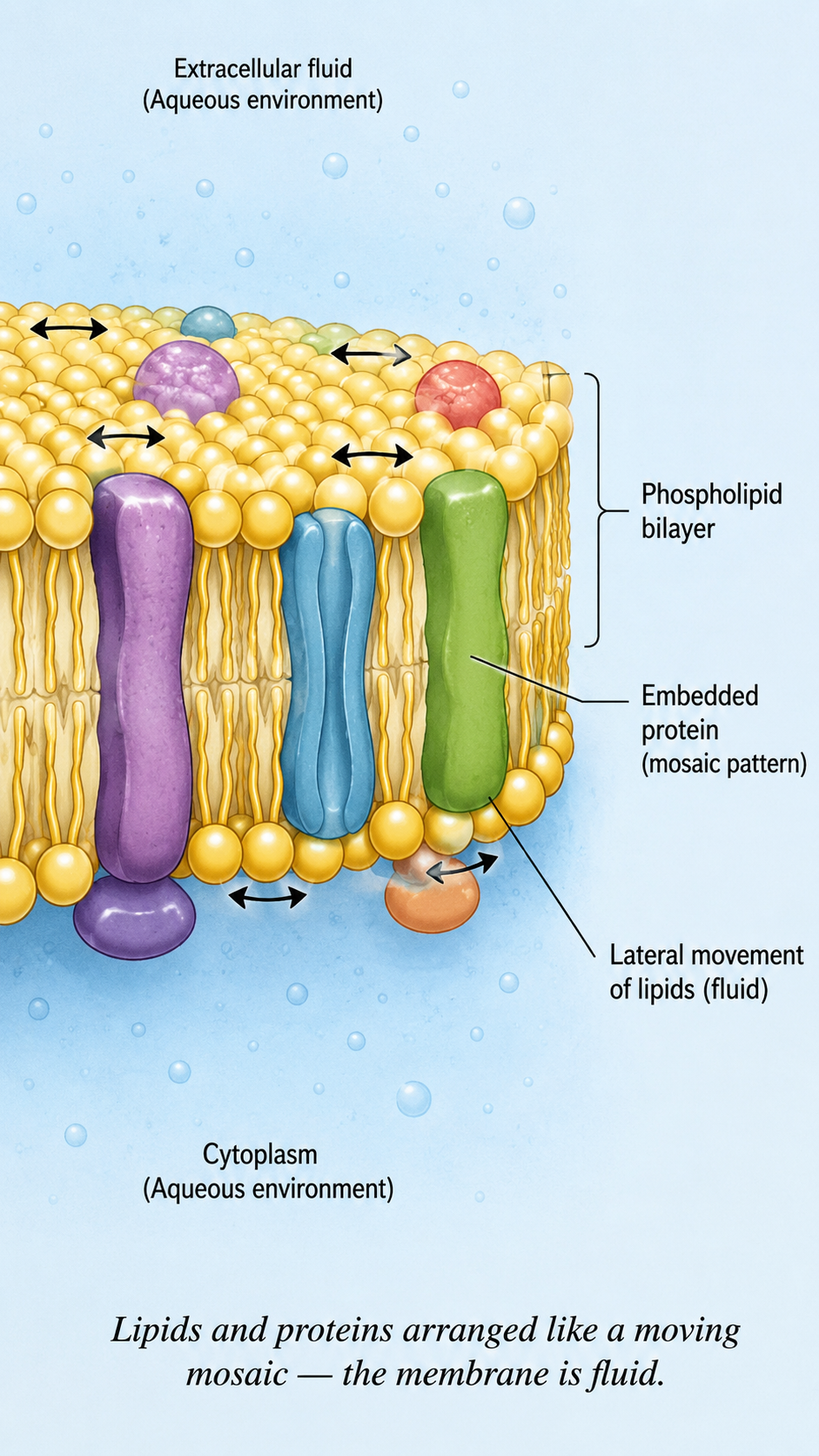 Image: A close-up of the cell membrane showing a double layer of lipid molecules with embedded proteins arranged like tiles in a mosaic, with arrows showing molecules moving sideways to show it is fluid.