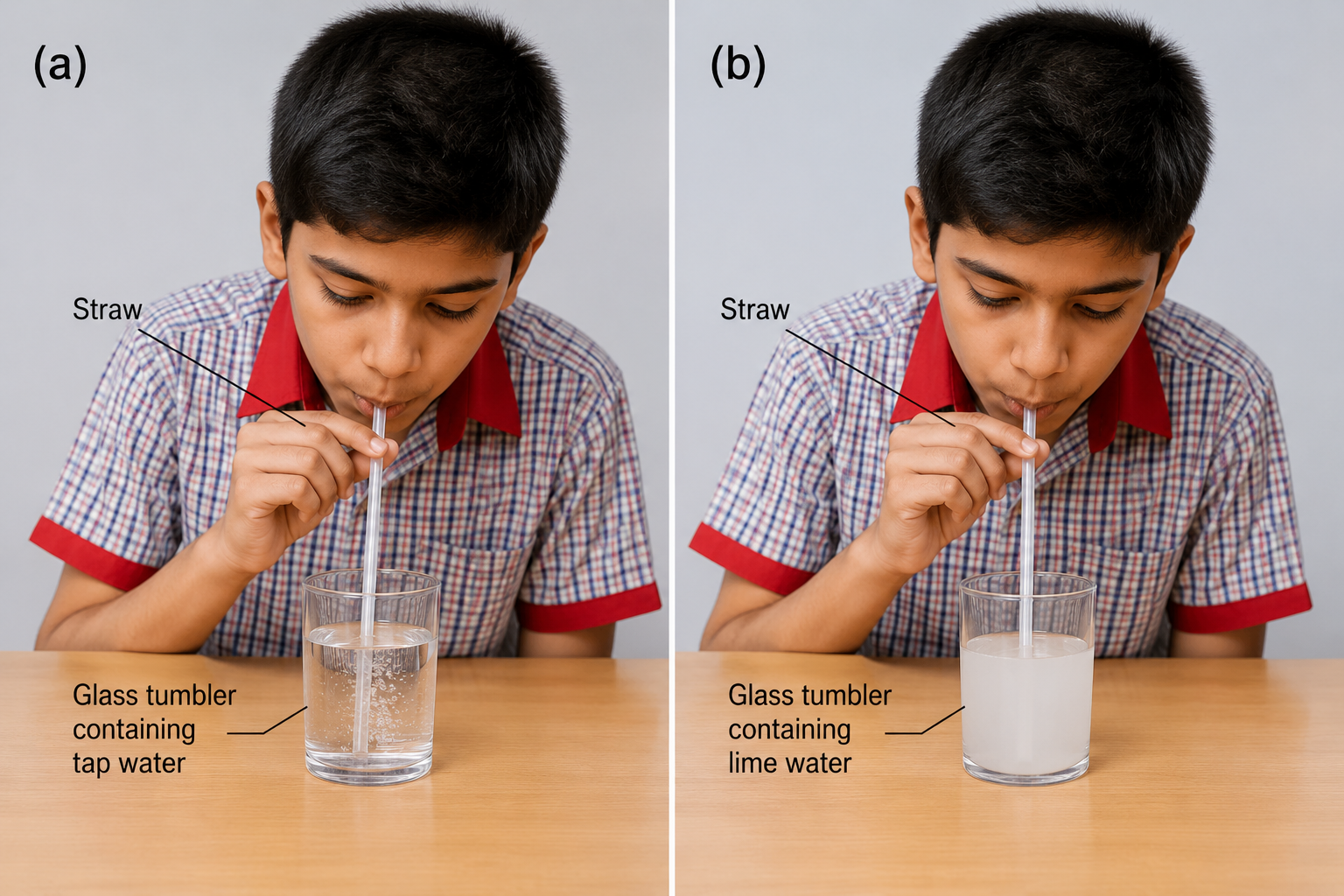 Image: Two side-by-side illustrations; (a) a child blowing through a straw into a glass tumbler labelled A containing tap water with bubbles; (b) the same child blowing through a separate straw into a glass tumbler labelled B containing lime water which is turning milky