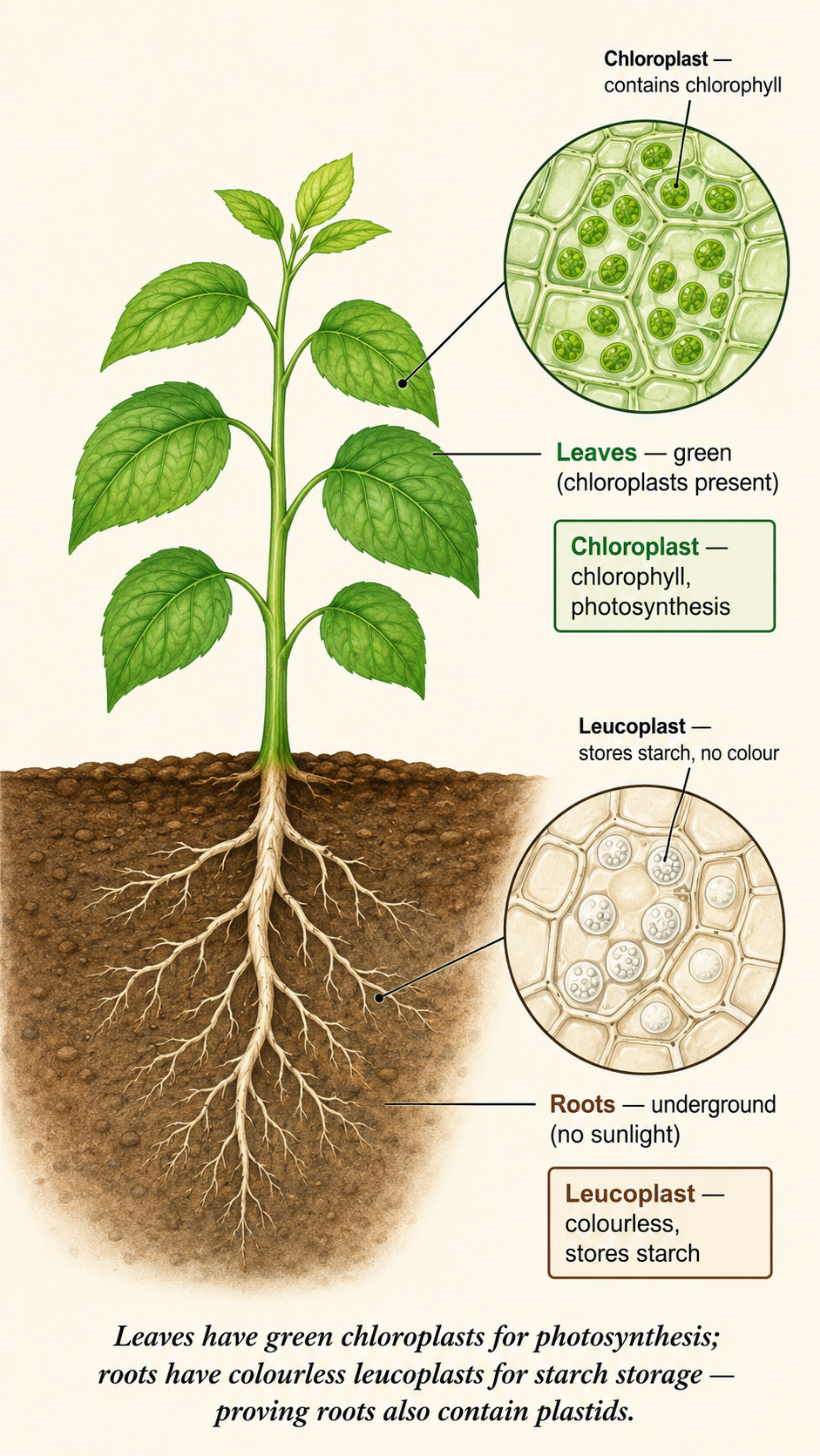 Image: A plant with green leaves above ground and white roots below the soil, showing green chloroplasts in the leaves and colourless leucoplasts storing starch in the roots, proving roots also contain plastids.
