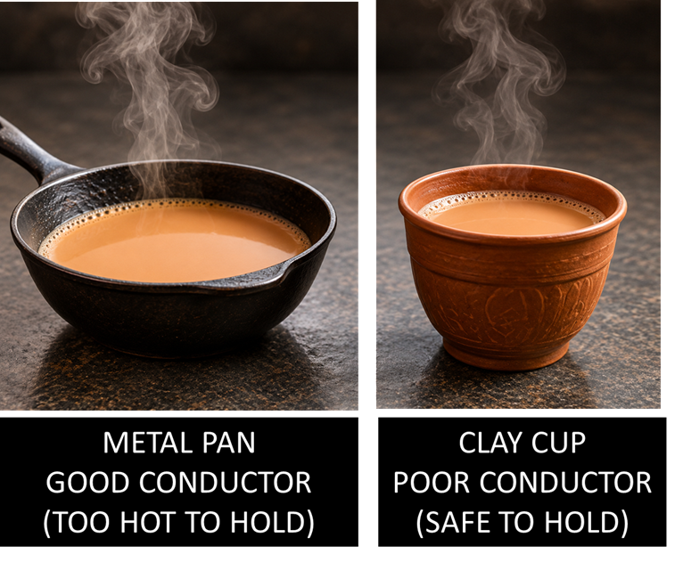 Image: Two objects side by side &mdash; a metal frying pan (good conductor, handle too hot to touch) and a clay tea cup (poor conductor, safe to hold even when tea is hot) &mdash; showing the contrast between good and poor conductors in daily use