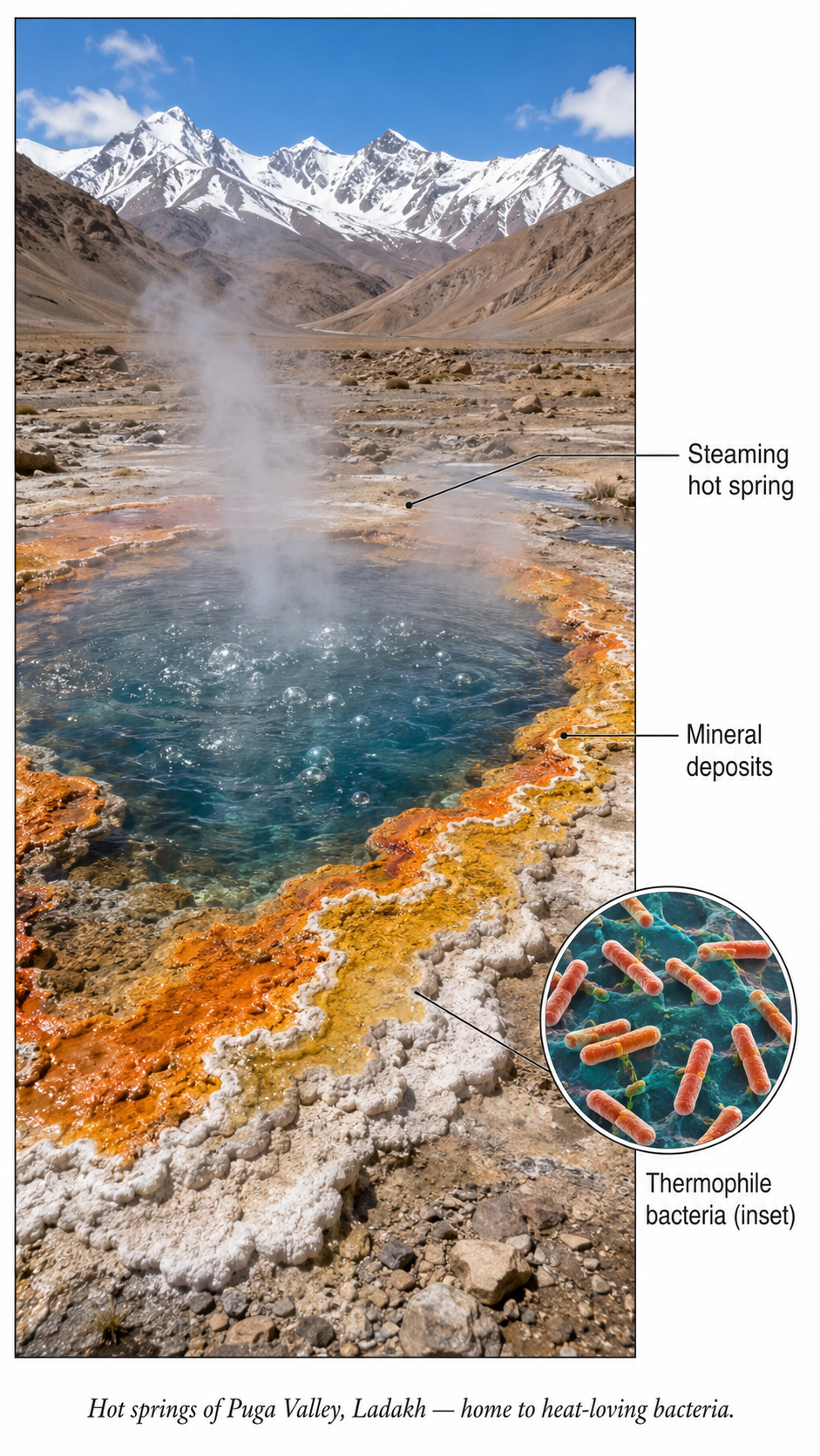 Image: A steaming hot spring in a cold mountain valley like Puga Valley in Ladakh, with bubbles and mineral deposits around its edges, showing an early-Earth-like environment where heat-loving bacteria live.