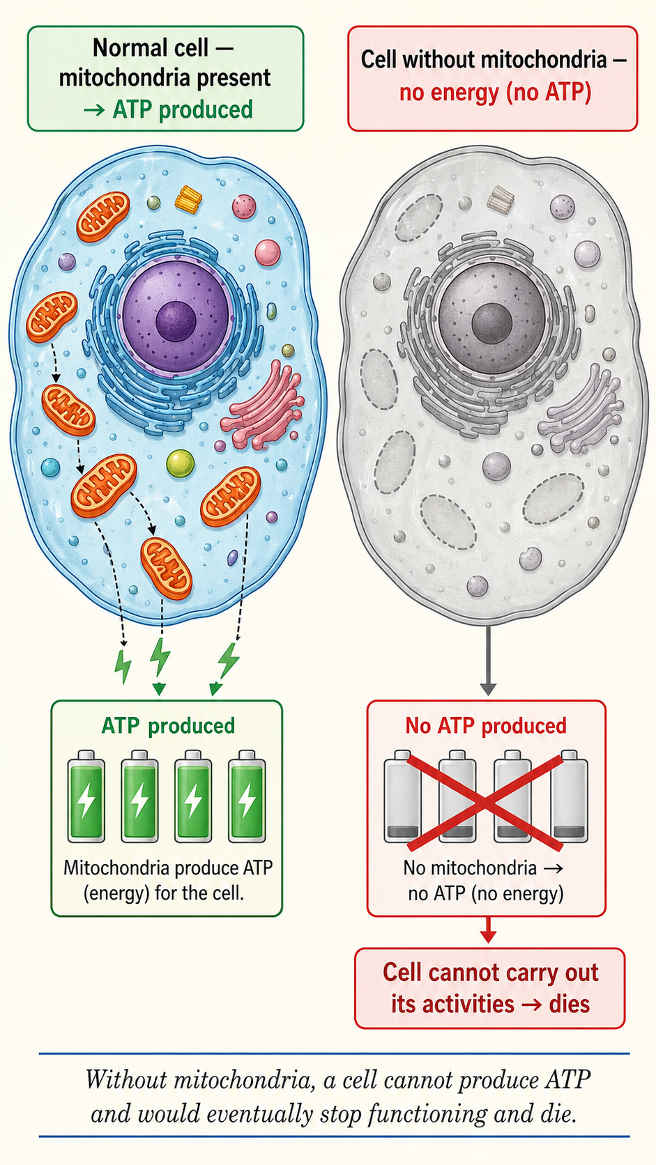 Image: A eukaryotic cell with its mitochondria removed, shown with no energy being produced, so the cell cannot carry out its activities and would eventually stop working and die.