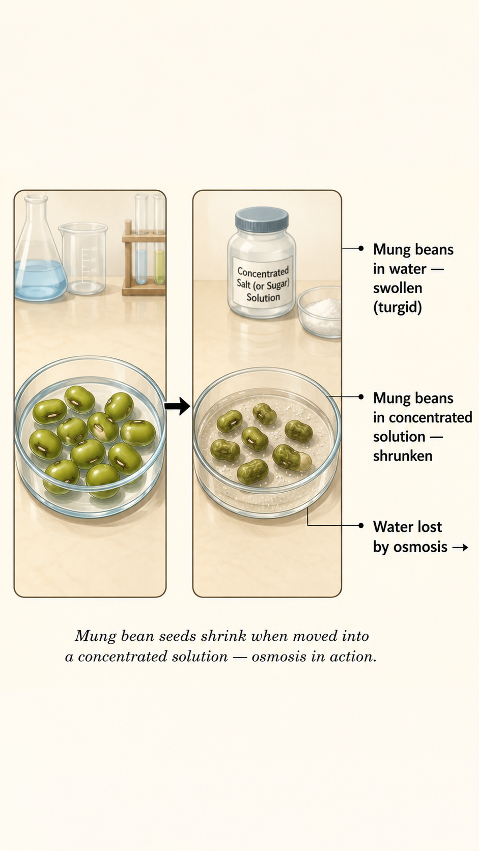 Image: Mung bean seeds first soaked in water for twelve hours and then placed in a concentrated salt or sugar solution, shown shrinking as water leaves them by osmosis into the strong solution.