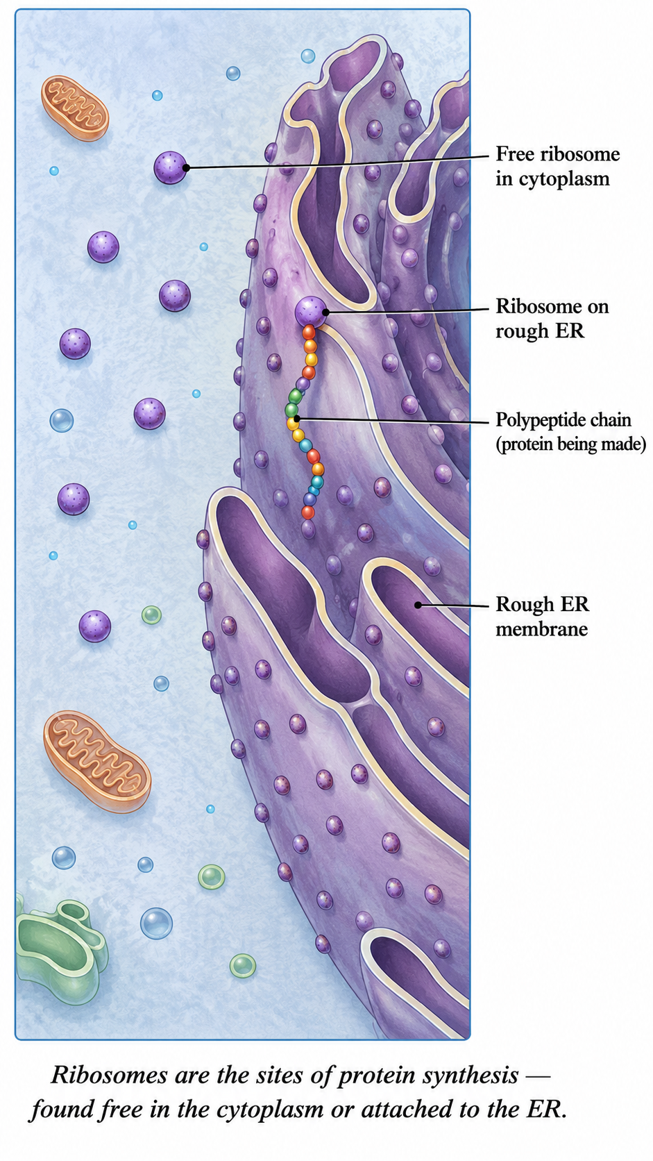 Image: Tiny ribosomes shown both floating free in the cytoplasm and attached to the endoplasmic reticulum, labelled as the sites where proteins are made in the cell.