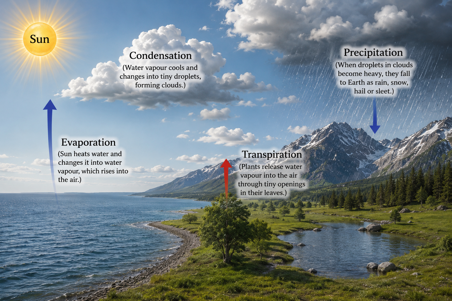 Image: A labelled water cycle diagram showing the Sun heating the ocean causing evaporation, water vapour rising and forming clouds, precipitation falling as rain and snow over mountains, rivers flowing back to the ocean, and an arrow showing infiltration of rainwater into the ground &mdash; the complete natural water cycle