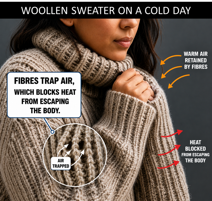 Image: A person wrapped in a woollen sweater on a cold day, with a magnified inset showing the woollen fabric structure trapping air in its fibres &mdash; explaining why wool keeps us warm by reducing heat loss