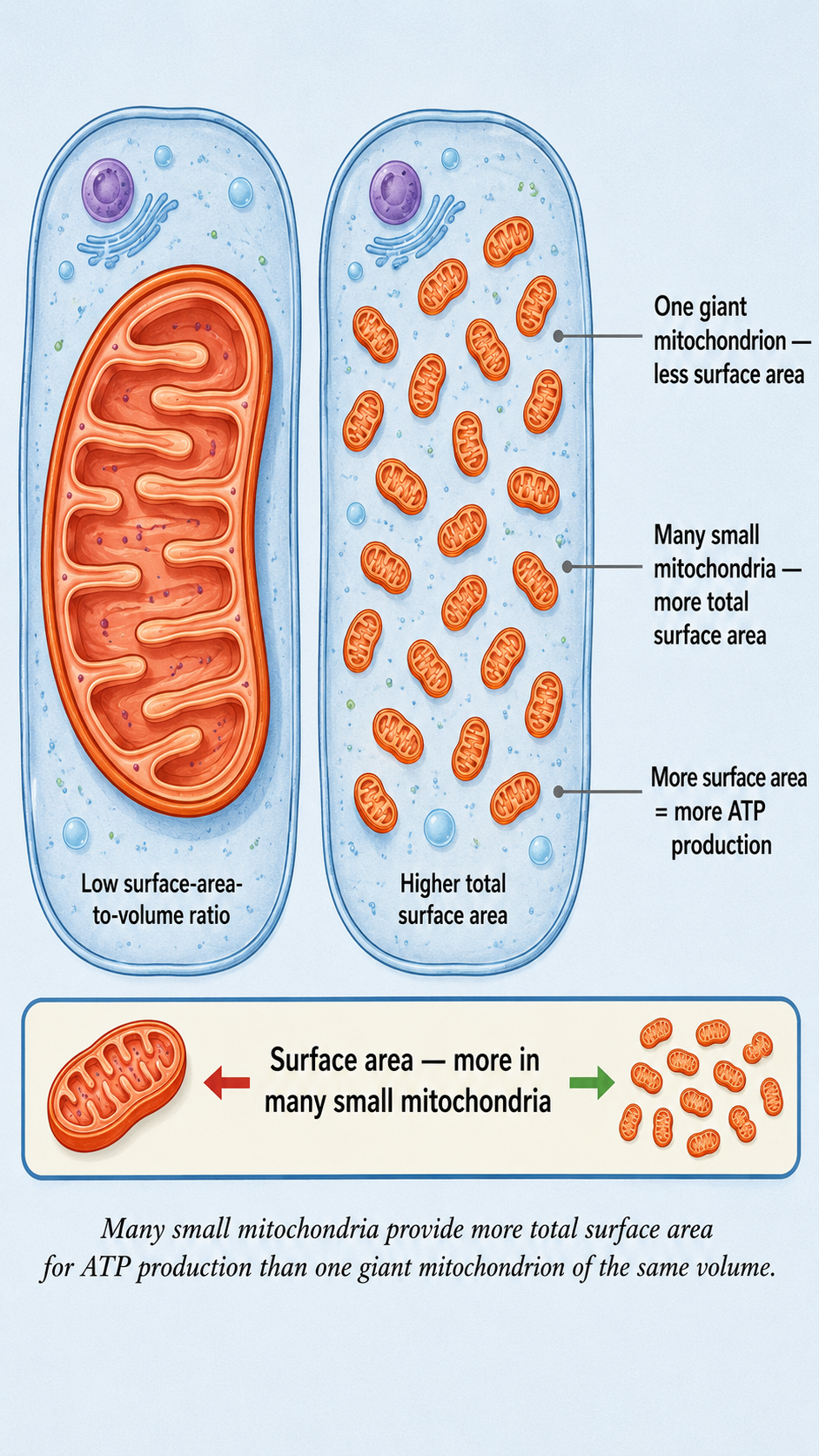 Image: A diagram contrasting one giant mitochondrion with many small mitochondria to show surface area, beside skin cells dividing by mitosis to heal a cut, prompting reflection on cell division.