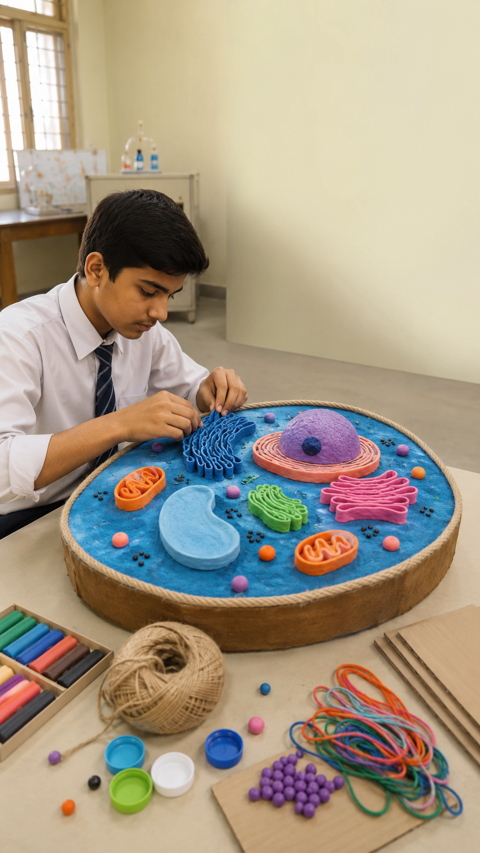 Image: A handmade model of a synthetic cell built from low-cost eco-friendly materials like clay, paper and recycled items, with different organelles labelled, sitting on a student's table.