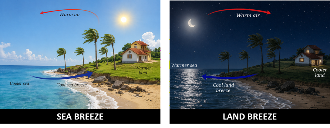 Image: Two side-by-side diagrams &mdash; left shows sea breeze during day (cool air moving from sea to warmer land, warm air rising over land), right shows land breeze at night (cool air moving from cooler land to warmer sea, warm air rising over sea)