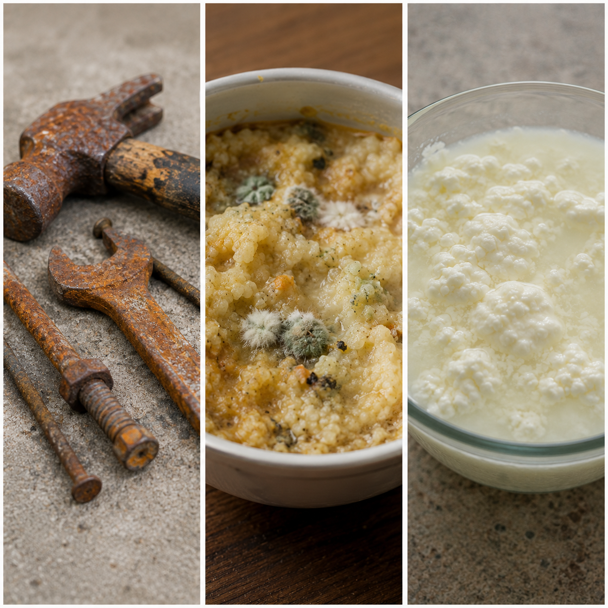 Image: Examples of undesirable changes — rusting of iron tools, food spoilage, milk turning sour
