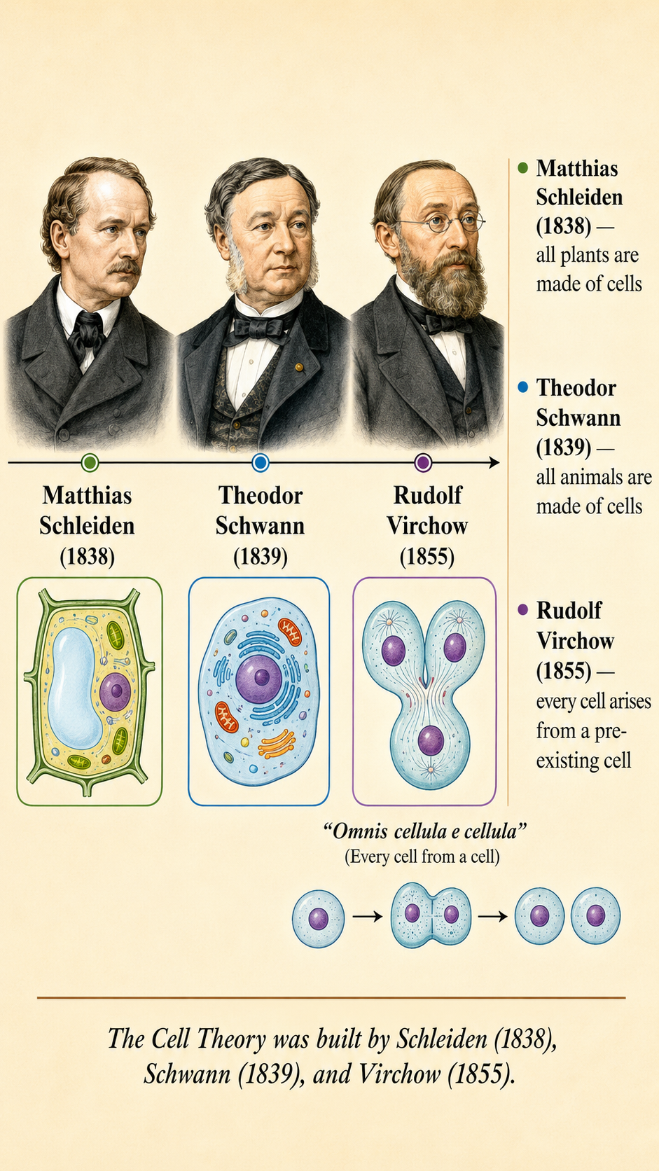 Image: Portraits of the three scientists who built the Cell Theory — Matthias Schleiden, Theodor Schwann and Rudolf Virchow — arranged in a timeline with their years 1838, 1839 and 1855.