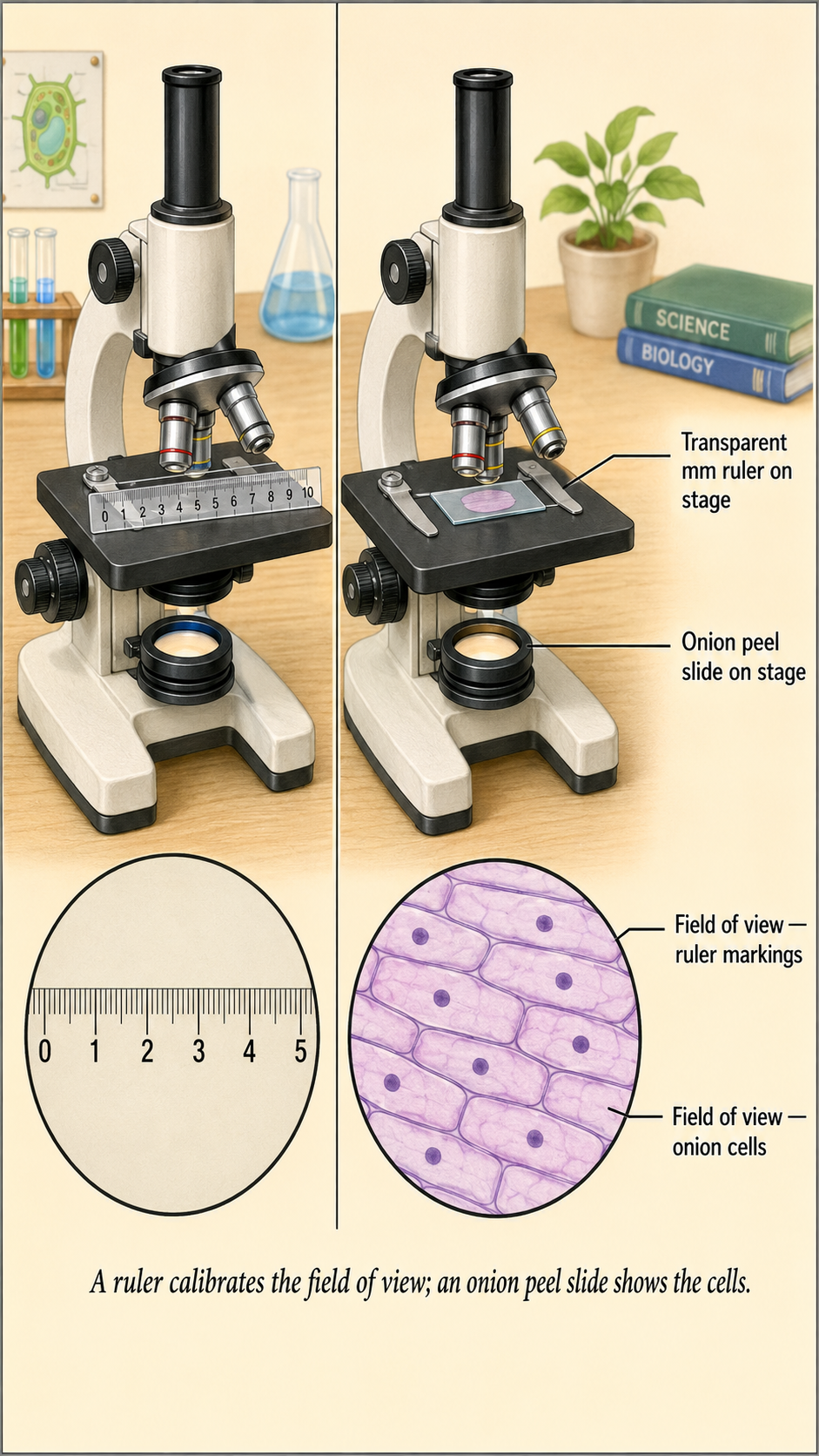 Image: A microscope with a transparent millimetre ruler on its stage, and a second view showing an onion peel slide with several box-like cells lined up across the circular field of view.