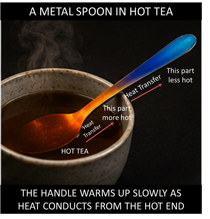Image: A heated metal spoon in a hot cup of tea, showing the handle getting warm &mdash; illustrating conduction where heat travels from the hot liquid end through the spoon to the cooler handle end