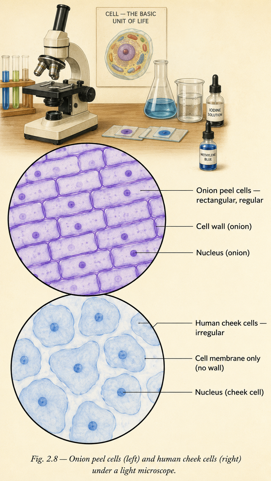 Image: Two microscope slides side by side, one showing box-shaped regularly arranged onion peel cells, and the other showing irregularly arranged human cheek cells stained with methylene blue.