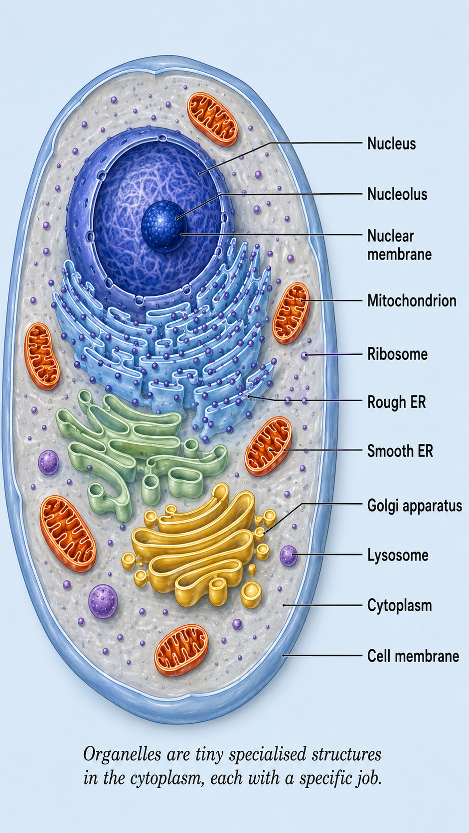 Image: A eukaryotic cell with its cytoplasm holding many tiny labelled organelles such as the nucleus, mitochondria, ribosomes and Golgi apparatus, each shown as a small worker doing a specific job.