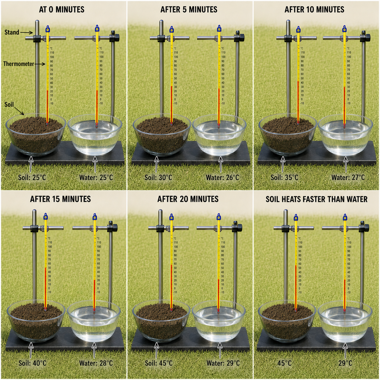 Image: Two identical bowls side by side under a lamp or in sunlight &mdash; one bowl filled with soil and one with water, each with a thermometer inserted &mdash; thermometer in soil reads a higher temperature than the one in water after the same time under the lamp, demonstrating that soil heats faster than water