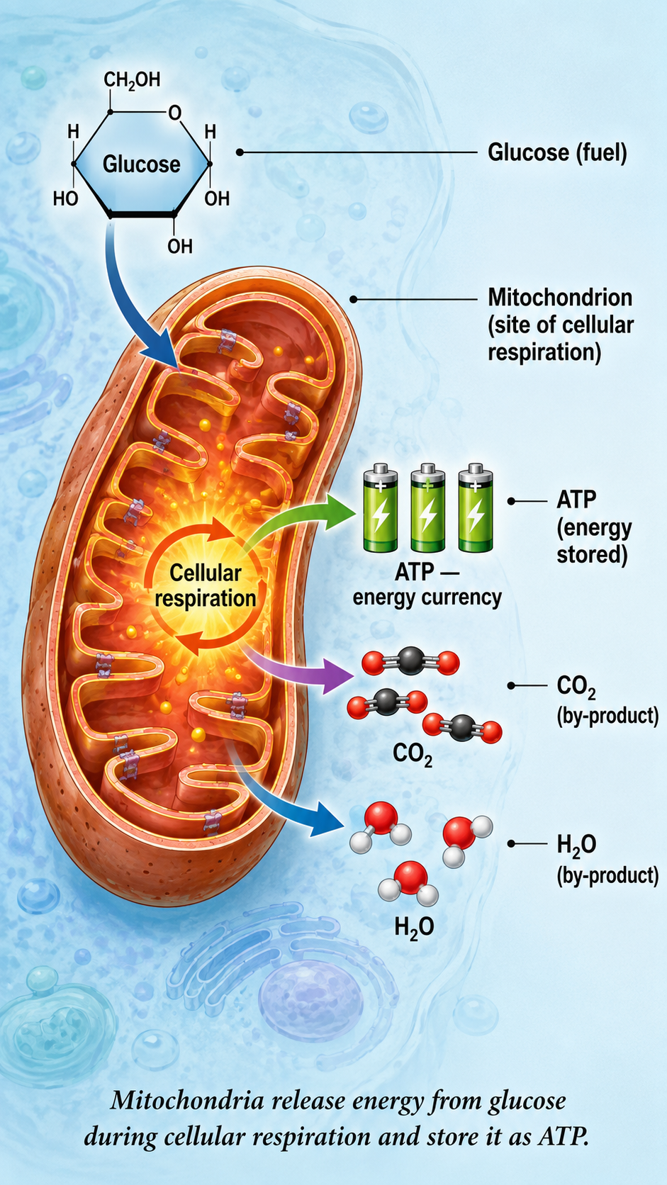 Image: A mitochondrion breaking down glucose during cellular respiration to release energy, which is stored in ATP molecules shown as charged batteries that power the cell's activities.