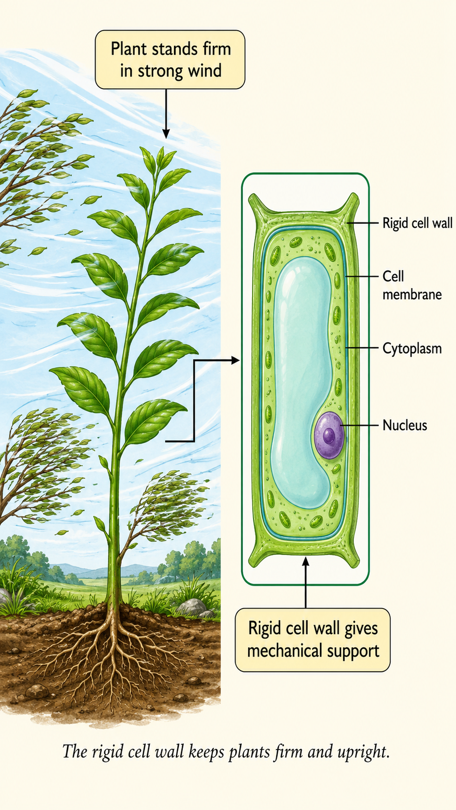 Image: A plant standing upright and firm in strong wind and rain, with a zoom-in on its cells showing the rigid cell wall that gives the plant support and keeps it in shape.