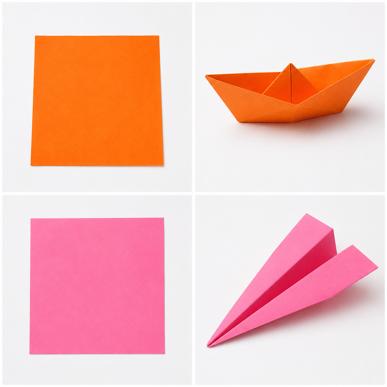 Image: A row of colourful origami paper objects: blue paper boat, yellow paper bird, green paper frog, pink paper crane, and other folded paper figures arranged on a dark background